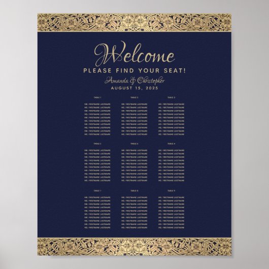 9 Tables Navy Blue Wedding Chart Gold Rose Poster (Vorne)