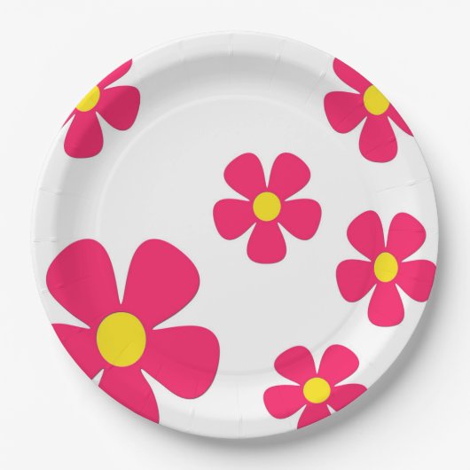 9" Teller aus Papier, weiß mit rosa Blume (Vorderseite)