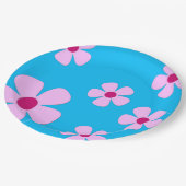 9" Teller, blau mit rosa Blume Pappteller (Schrägansicht)