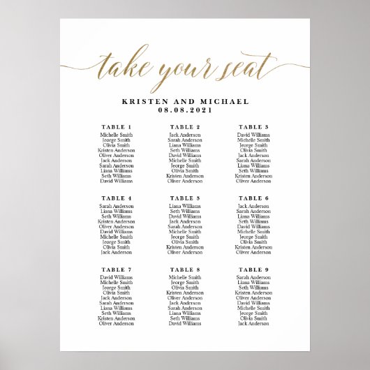 9 Tische 90 Gäste nehmen Ihre Sitzkarte ein Poster (Vorne)
