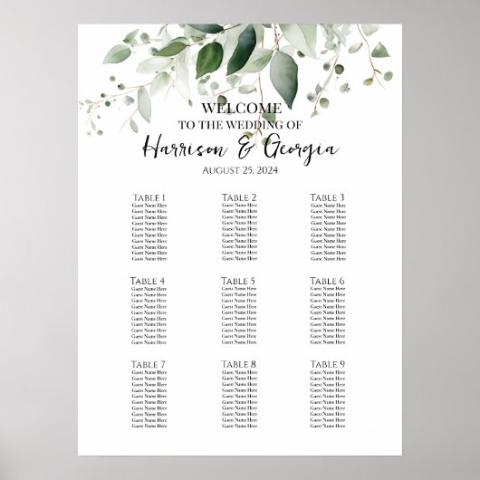 9 Tische Grüne elegante Hochzeitssitzkarte Poster (Vorne)