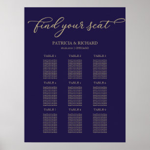 9 Tische Hochzeits-Sitzplan Chic Gold Navy Blau Poster