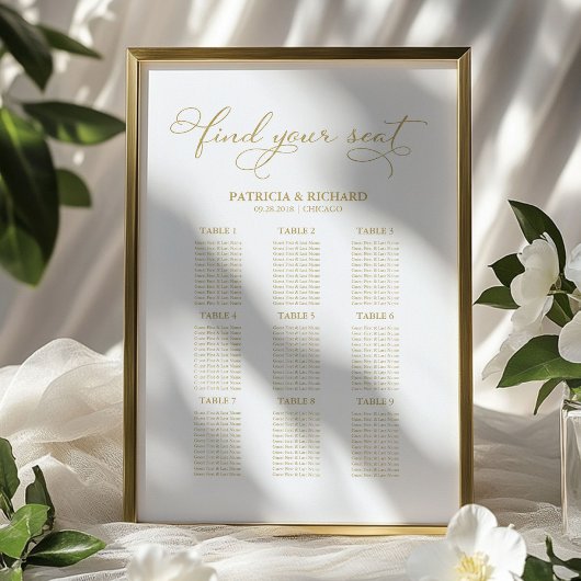 9 Tische Hochzeitsdiagramm Gold Foil Poster