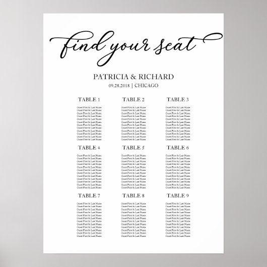 9 Tische Hochzeitstabelle Einfache Chic-Schrift Poster (Vorne)