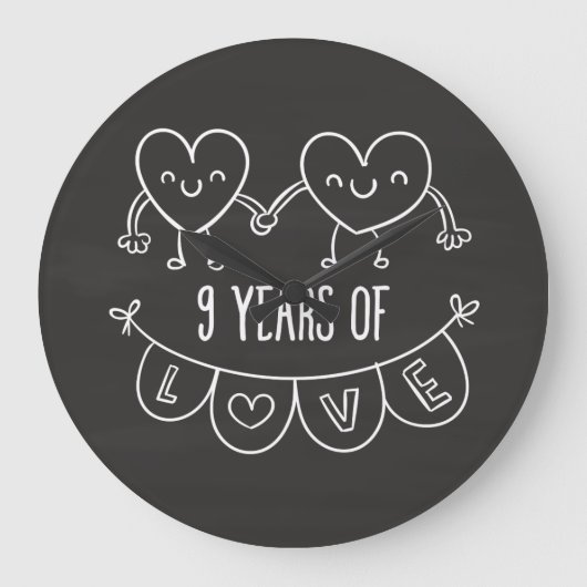 9th Anniversary Gift Chalk Hearts Große Wanduhr (Vorderseite)