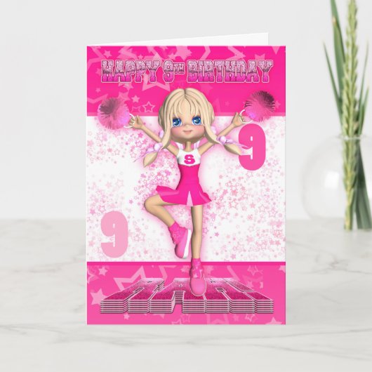 9th Birthday Cheerleader Dancing, Stars In Pinks Karte (Vorderseite)