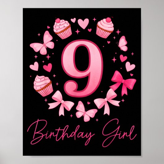 9th Birthday Girl Aesthetic Coquette Bow Poster (Vorne)