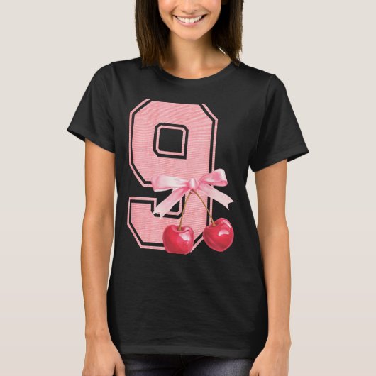 9th Birthday Girl Cherry Coquette Bow 9 Year Old G T-Shirt (Vorderseite)