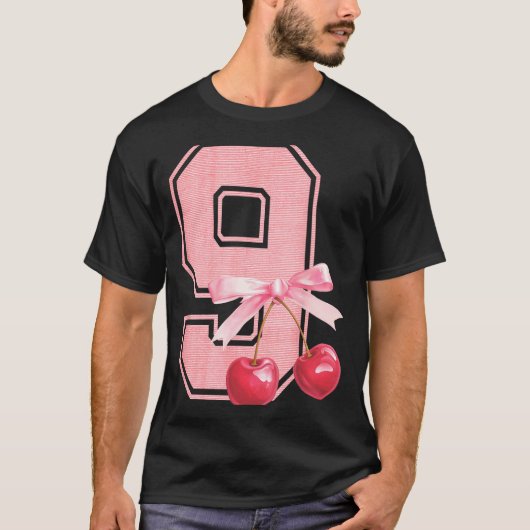 9th Birthday Girl Cherry Coquette Bow 9 Year Old G T-Shirt (Vorderseite)