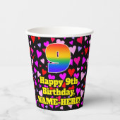 9th Birthday: Loving Hearts Pattern, Rainbow 9 Pappbecher (Vorderseite)