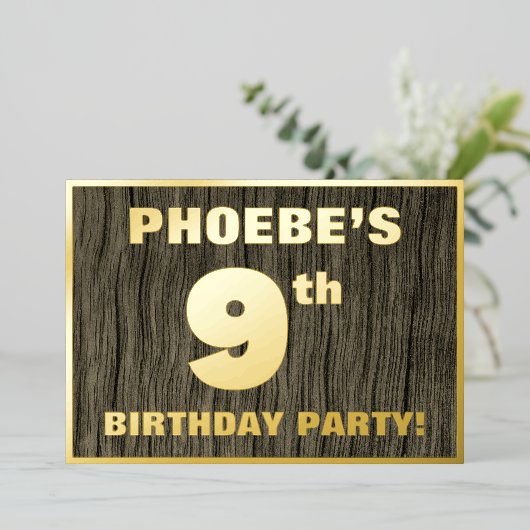 9th Birthday Party: Bold, Faux Wood Grain Pattern Folieneinladung (Stehend vorne)