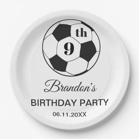 9th Birthday Party Soccer White Boys Sports Pappteller (Vorderseite)