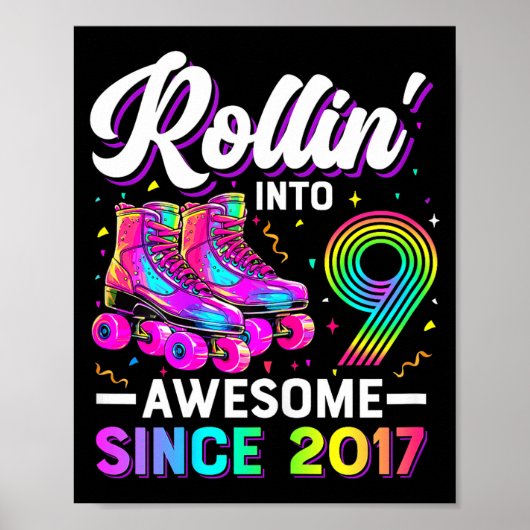 9th Birthday Shirt Girl Nine 9 Year Old Roller Ska Poster (Vorne)