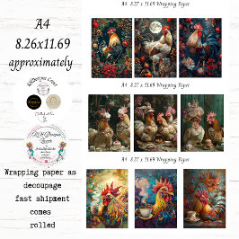 A4 Rooster Collection Wrapping Paper Decoupage  Geschenkpapier Set