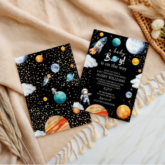 A Baby Boy Is On The Way Black Space Baby Shower Einladung