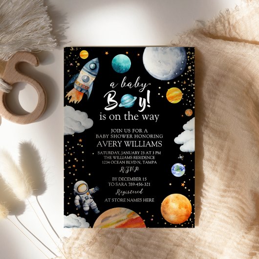 A Baby Boy Is On The Way Black Space Baby Shower Einladung