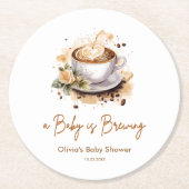 A Baby is Brewing Brown Coffee Baby Shower Runder Pappuntersetzer (Vorderseite)