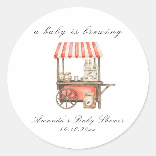 A Baby Is Brewing Coffee Cart Baby Shower Runder Aufkleber (Vorderseite)