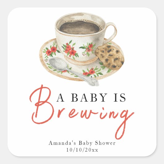 A Baby Is Brewing Coffee Cup Baby Shower Quadratischer Aufkleber (Vorderseite)
