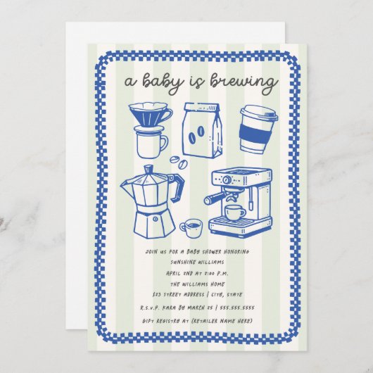 A Baby Is Brewing Doodle Boy Blue Baby Shower Einladung (Vorne/Hinten)