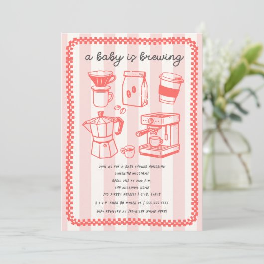 A Baby Is Brewing Doodle Girl Pink Baby Shower Einladung (Stehend Vorderseite)