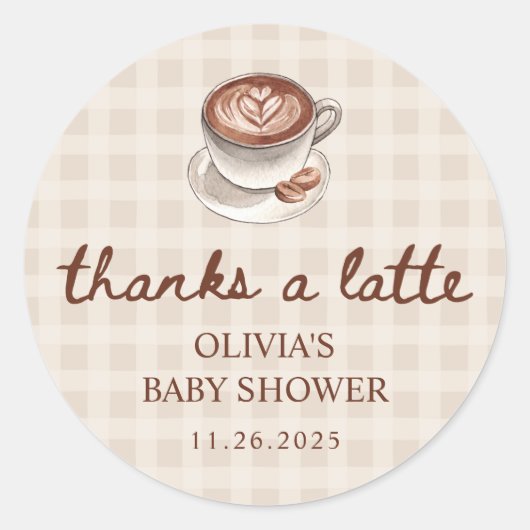 A Baby is Brewing Gingham Coffee Baby Shower Favor Runder Aufkleber (Vorderseite)