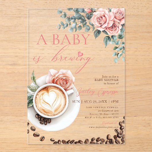A Baby is Brewing Romantic Coffee Baby Shower Acryleinladungen (Vorderseite)
