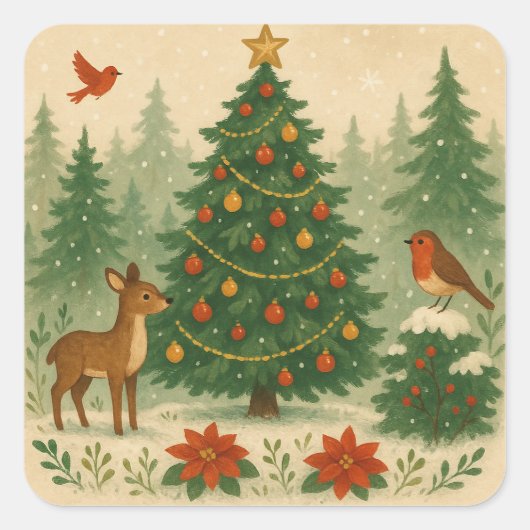 A beautiful Christmas tree in nature Quadratischer Aufkleber (Vorderseite)