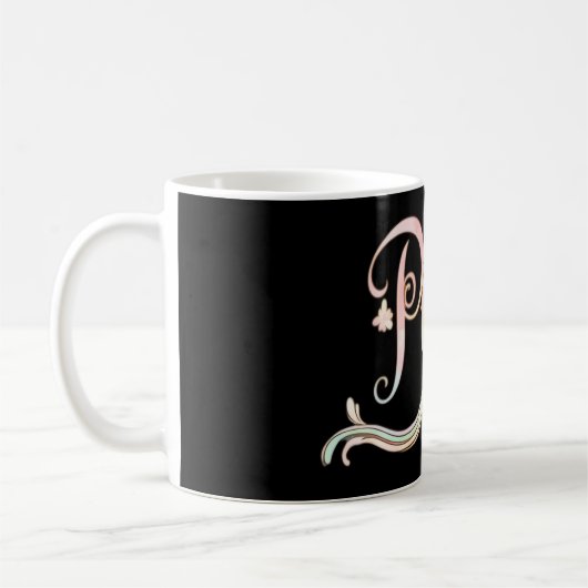 A beautiful, flowing script of the word "Peace" fe Kaffeetasse (Links)