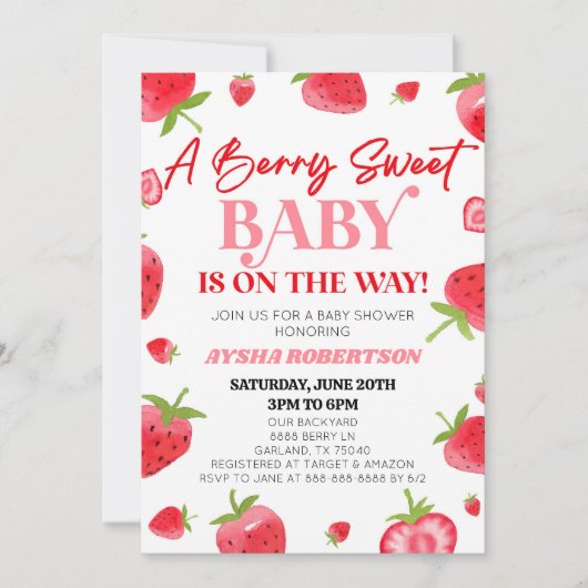 A Berry Sweet Baby Strawberry Pink Red Baby Shower Einladung (Vorderseite)