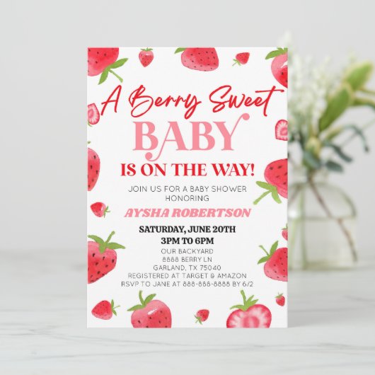 A Berry Sweet Baby Strawberry Pink Red Baby Shower Einladung (Stehend Vorderseite)