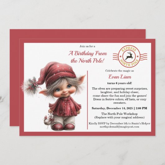 A Birthday From the North Pole | Whimsical Elf Einladung (Vorne/Hinten)