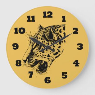 A Black and Yellow Hand Drawn Leopard Illustration Große Wanduhr