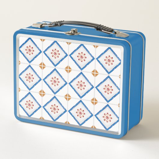 A blue metal lunchbox features a geometric tile  (Vorderseite)