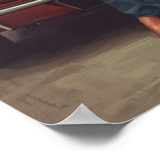 A bold retro pin-up illustration featuring a greas poster (Ecke)