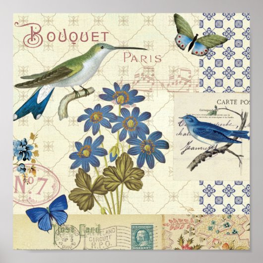 A Bouquet of Blue Flowers, Birds and Butterflies Poster (Vorne)