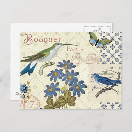 A Bouquet of Blue Flowers, Birds and Butterflies Postkarte (Vorne/Hinten)