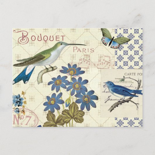 A Bouquet of Blue Flowers, Birds and Butterflies Postkarte (Vorderseite)