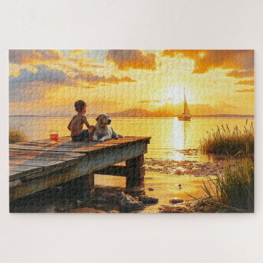 A boy and his dog at the lake at sunset puzzle (Horizontal)