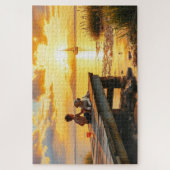 A boy and his dog at the lake at sunset puzzle (Vertikal)