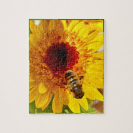 A cheerful flower with a busy bee puzzle.  puzzle