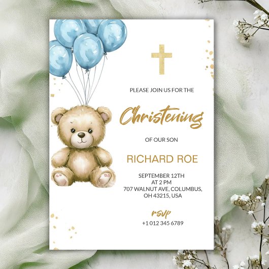 A christening Invitation features a teddy bear Einladung