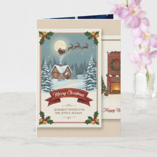 A Christmas card with snowy scenes, festive text,  Karte