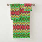 A colorful, geometric-patterned towel set hangs (Insitu)