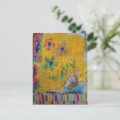 A Cool Ginger Kitty on Yellow Mixed Media Collage Postkarte (Stehend Vorderseite)