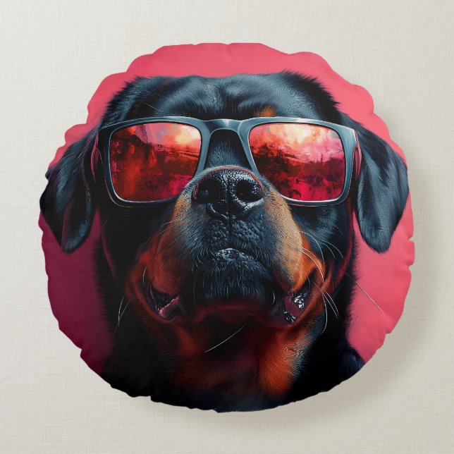 A cool rottweiler with sunglasses rundes kissen (Vorderseite)