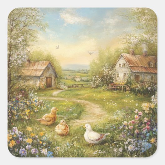 A Country Farmhouse and Barn Quadratischer Aufkleber (Vorderseite)