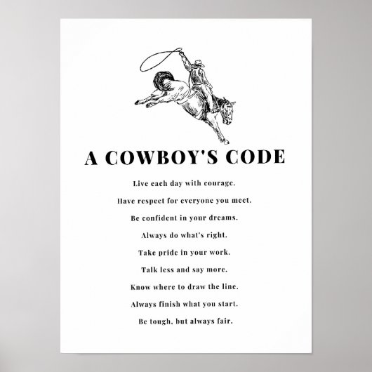 A Cowboy's Code Print, Black and White, Wild West Poster (Vorne)