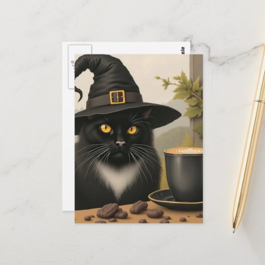 A Cute Black Witch Cat and a Coffee Postkarte (Vorderseite/Rückseite Beispiel)