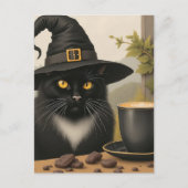A Cute Black Witch Cat and a Coffee Postkarte (Vorderseite)